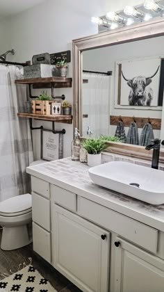 a bathroom with a sink, mirror and toilet in it's centerpieces