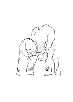 an elephant and its baby are touching each other's tusks in this black and white drawing