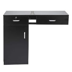 a black desk with two drawers on one side and an open drawer on the other