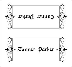 two black and white labels with the words camera parker on them, one has an ornate border