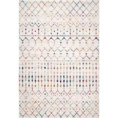 a white rug with multicolored lines and dots on the bottom, in different colors