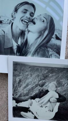 two polaroid photos of a couple kissing each other