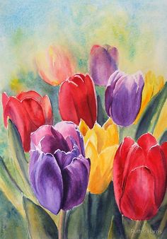 a painting of colorful tulips in a vase