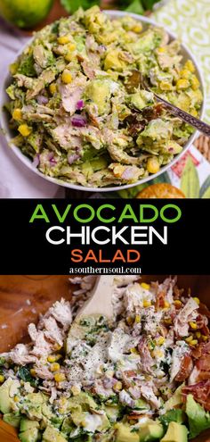 avocado chicken salad in a bowl with a wooden spoon