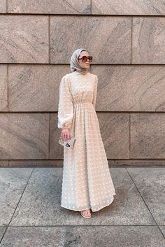 Shop Eva Maxi Dress with Embossed Dots | Niswa Fashion Hijab Bridesmaids, Modest Maxi Dress, Hijab Wedding, Muslimah Dress, Muslim Fashion Dress, Muslim Fashion Outfits, Abaya Dress, Polka Dress, Hijabi Fashion