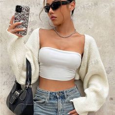 *Brand New* Drop Shoulder Open Front Crop Cardigan Never Worn Size: Medium White Crop Sweater, Cardigan Fall Outfit, Icon Y2k, White Cropped Cardigan, Shein Sweater, Shein Icon, Crop Cardigan