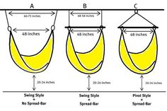 the diagram shows how to hang a swing chair from an overhead bar, with instructions for swinging style and spread - bar