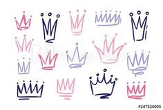 a set of nine hand drawn crowns with different colors and shapes on a white background