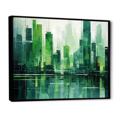 an abstract cityscape with green buildings on the water