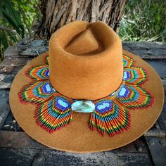 This Is A Very Unique Piece, All The Decorations Are Hand Made Beaded Peacock Feathers , The Decorations Go All Around The Hat. The Hat Is Made With Bolivian Wool And The Decorations Are Czech Glass Beads So Unique And Beautiful. Beaded Peacock, Beading Design, Native Earrings, Cowgirl Hats, Peacock Feathers, Clothing Design, Hat Making, Design Color, Czech Glass Beads