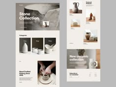 the website design for stone collection is shown in three different colors and sizes, including white