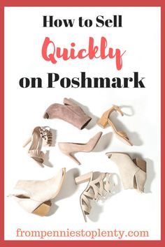 high heeled shoes with the words how to sell quickly on poshmark in red