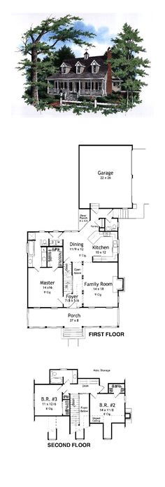 two story house plans with large front and back porchs, an open floor plan for the