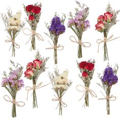 a bunch of flowers that are tied to each other in different styles and colors with ribbons