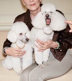 a woman holding two poodles while sitting on a couch in front of her