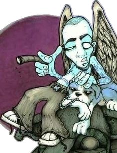 a drawing of a man sitting on top of a dog with an angel wing above his head