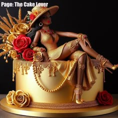 a cake with a woman sitting on top of it and flowers in the bottom tier