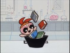 a cartoon character is sitting in a frying pan filled with books