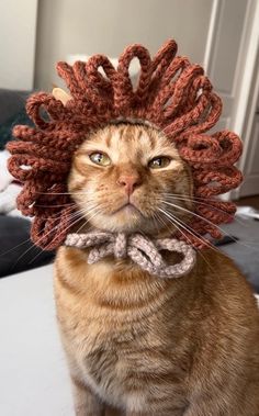 an orange cat wearing a crocheted hat with a snake on it's head