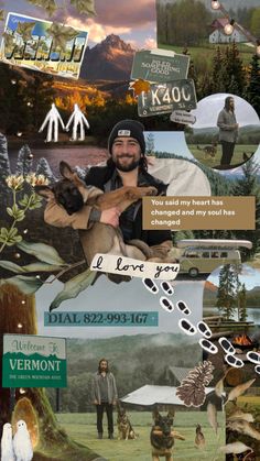 the collage has many different pictures and words on it, including an image of a man holding a dog