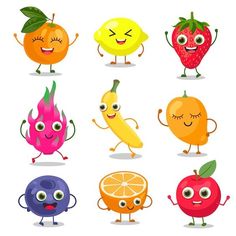 cartoon fruits and vegetables with different expressions