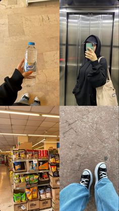 a person taking a selfie while standing in front of an escalator and holding a water bottle