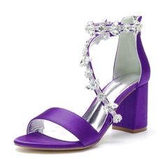 Olivia Mark - Blue Satin Rhinestone High Heel Sandals with Chunky Heels Purple Heels Wedding, Purple Heels, Rhinestone High Heels, Purple Shoes, Chunky Heels Sandals, Blue Sandals, Blue Satin, Sparkle Diamonds, Heel Sandals