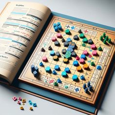 a book opened to an interactive board game with dices on the table next to it