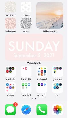 an iphone screen with the text sunday on it and several icons in different colors,