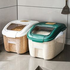 two plastic containers sitting on top of a counter