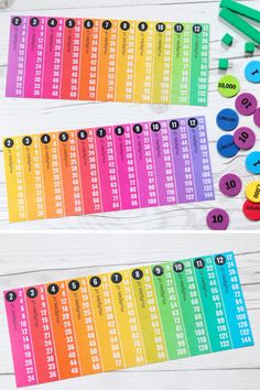 two rows of numbered numbers and markers on a white wooden table with colored crayons