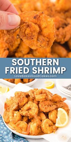 fried shrimp is served on a white plate with lemon wedges and the title reads southern fried shrimp