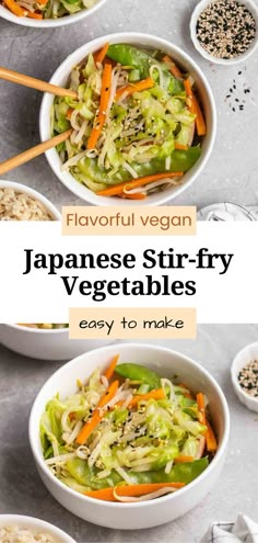 japanese stir fry vegetables in white bowls with chopsticks