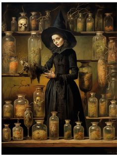 a painting of a woman in a witches costume surrounded by jars