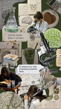 a collage of photos with people working on different things in the same room, including microscopes and books