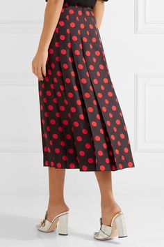 Gucci | Pleated polka-dot silk-satin twill midi skirt | NET-A-PORTER.COM Ruffled Shirt, Ruffle Shirt, Gucci Mules, Silk Satin, Isabel Marant, Pleated Skirt, Midi Skirt