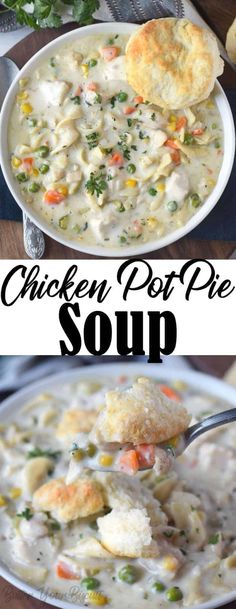 chicken pot pie soup in a white bowl