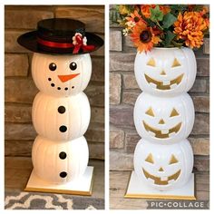 two pictures of pumpkins with faces on them and one has a hat on top