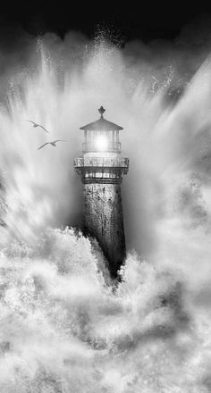 a black and white photo of a lighthouse in the middle of storm clouds with seagulls flying around it