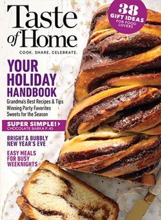 the cover of taste of home magazine with sliced loaf of bread and knife on it