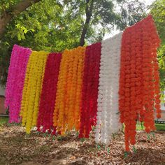 colorful streamers hanging from trees in the park