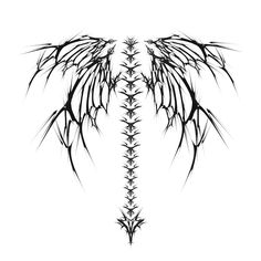 an artistic black and white drawing of a skeleton with wings on it's back