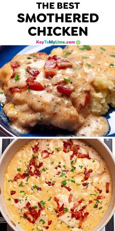 the best smothered chicken recipe is shown in this collage with text overlay