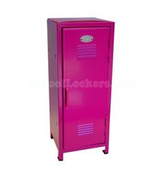 a pink metal locker sitting on top of a white floor