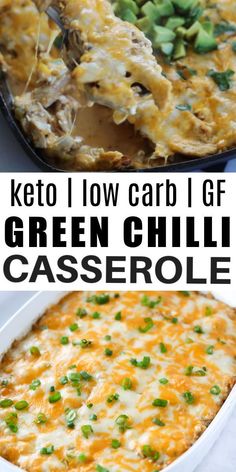 keto green chili casserole in a white baking dish with text overlay