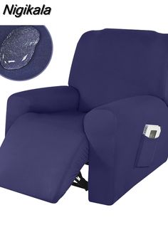 a blue reclining chair with the seat up