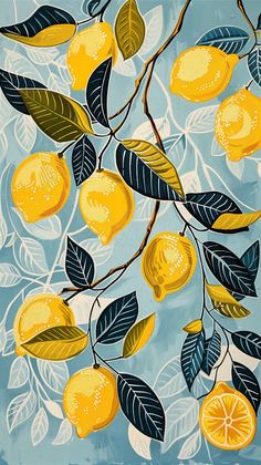 a painting of lemons and leaves on a blue background