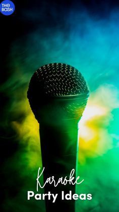 a microphone with the words karaoke party ideas written on it in front of a colorful background