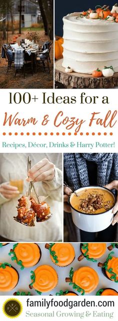 the cover of 100 + ideas for a warm & cozy fall cookbook, with pictures of pumpkins and pies