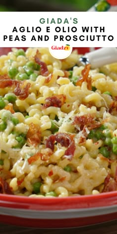 pasta with peas and bacon in a red bowl